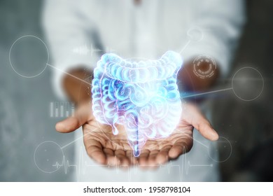 Doctor and holographic bowel scan projection with vital signs and medical records. Concept of new technologies, body scan, digital x-ray, abdominal organs, modern medicine