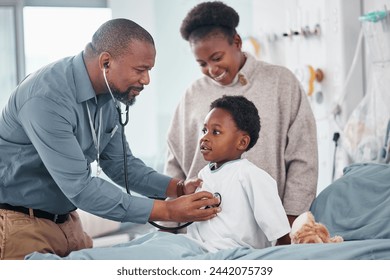 Doctor, hospital and child with breathe, checkup and consultation for lung health and wellness. Pediatrician, kid and clinic bed with bear, comfort and good news for healthcare and life insurance - Powered by Shutterstock