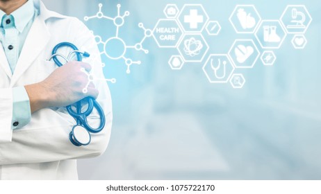 Doctor In Hospital With Medical Icons Modern Interface Showing Symbol Of Medicine, Innovation, Doctorate Education, Emergency Service, Doctoral Data And Patient Health.