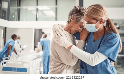 Doctor, hug and sad senior woman in hospital for support, comfort and empathy for surgery of husband. Medic, face mask and embrace wife of patient with covid 19 emergency in clinic with solidarity - Powered by Shutterstock