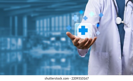 Doctor Icon Virtual Screen Health Care And Medical On Background Copy Space.