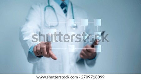 Doctor interacting with a digital flowchart interface represents modern healthcare management, efficient decision-making and smart medical process optimization in advanced clinical systems