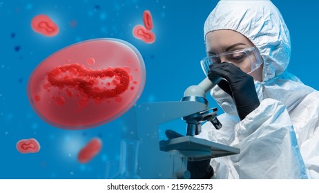 Doctor investigates Monkeypox. Search for Monkeypox in blood. Monkey disease cells on blue. Woman doctor microscope. Virologist in chemical protection suit. Monkeypox epidemic. New strain smallpox