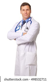 Doctor in lab coat isolated on white background
