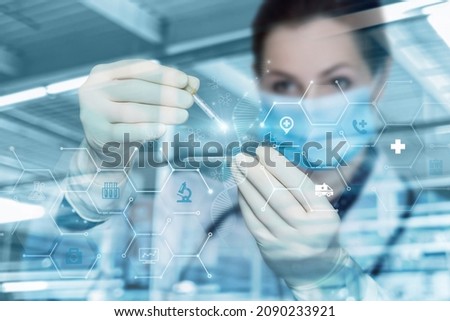Doctor in laboratory examine DNA molecule blurred background.