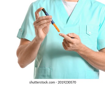 Doctor with lancet pen on white background. Diabetes concept