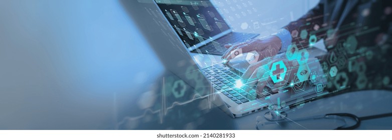 Doctor With Laptop Healthcare Network Connection Concept.Science And Medical Innovation Technology Future Sustainable Smart Services And Solutions In Global Research Networks.