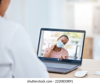 Doctor, Laptop And Video Call With Patient, Neck Pain And Covid Mask In Online Consultation In Office. Healthcare Professional With Internet Communication With Woman Patient, Injury Or Medical Advice