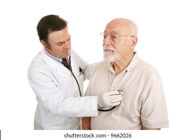 Doctor Listening To A Senior Patient's Heartbeat.  Isolated On White.