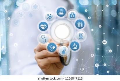 Doctor listens conducting a survey on blurred background. - Shutterstock ID 1156047118