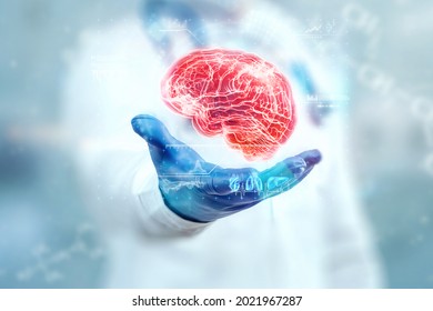 The doctor looks at the brain hologram, checks the test result on the virtual interface, and analyzes the data. Alzheimer's disease, brain dementia, innovative technologies, medicine of the future