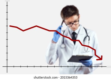 The doctor looks at the descending chart. The concept of reducing morbidity, vaccination and mortality. A man in a doctor's suit on a white background. - Shutterstock ID 2015364353