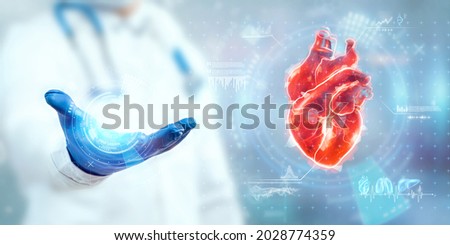 The doctor looks at the Heart hologram, checks the test result on the virtual interface, and analyzes the data. Heart disease, myocardial infarction, innovative technologies, medicine of the future