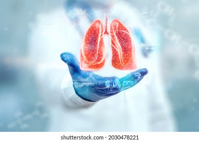 The doctor looks at the hologram of Lungs, checks the test result on the virtual interface and analyzes the data. Pneumonia, donation, innovative technologies, medicine of the future