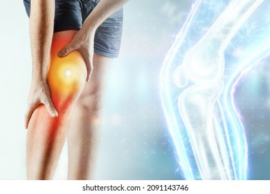 The doctor looks at a hologram of a sore knee, severe pain. X-ray image, trauma, rheumatologist consultation, skeletal image, medical concept, medical technologies of the future, pain when walking - Shutterstock ID 2091143746