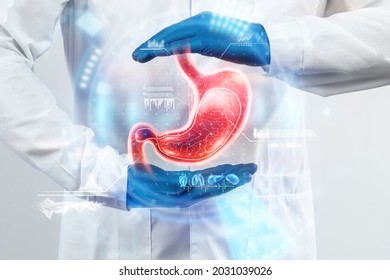The Doctor Looks At The Stomach Hologram, Checks The Test Result On The Virtual Interface, And Analyzes The Data. Stomach Disease, Obesity, Innovative Technologies, Medicine Of The Future