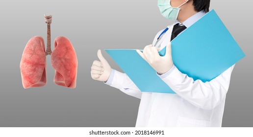 Doctor Make Like Symbol To Lung On Gray Background