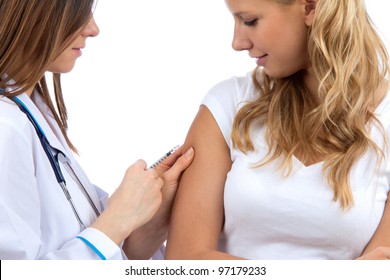 Doctor making diabetes patient insulin flu shot by syringe with dose of humalog, subcutaneous arm injection vaccination isolated on a white background