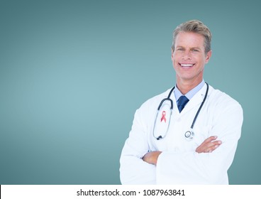 Doctor man with breast cancer awareness ribbon - Shutterstock ID 1087963841