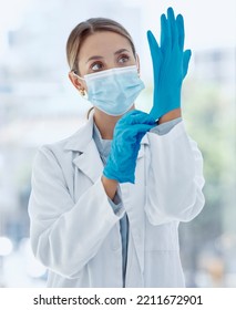 Doctor Mask, Covid Gloves And Woman Ready For Operation, Surgery Or Examination. Health, Healthcare And Medical Female Professional Safety Ppe, Corona Virus Or Bacteria, Germs And Disease Prevention