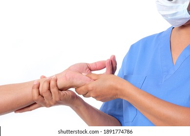 Doctor massage the patient's finger. Finger.Hand trigger finger lock concept healthy white background
