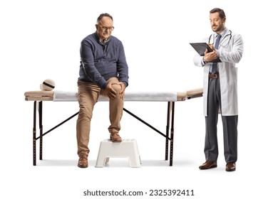 Doctor and a mature patient holding his knee and sitting at a massage bed isolated on white background

 - Powered by Shutterstock