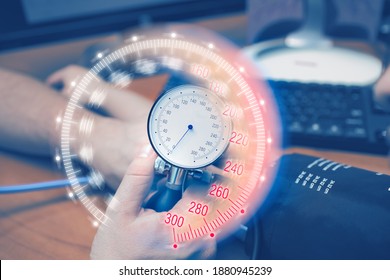 Doctor Measures Blood Pressure To Patient Using Tonometer During Scheduled Study Visit, Concept Of Continuous Monitoring Of Patients With Arterial Hypertension.