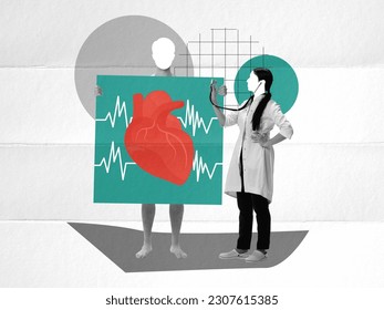 Doctor measuring male heart with stethoscope. Heartbeat line image. Contemporary art collage. Concept of medicine, health care, profession, hospital, cardiology, heart disease treatment - Powered by Shutterstock