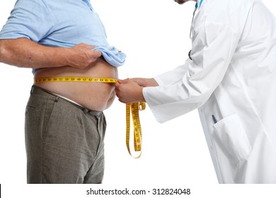 Doctor Measuring Obese Man Waist Body Fat. Obesity And Weight Loss.