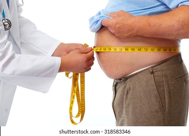 Doctor Measuring Obese Man Waist Body Fat. Obesity And Weight Loss.