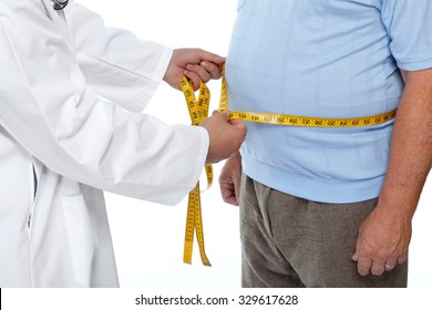 Doctor Measuring Obese Man Waist Body Fat. Obesity And Weight Loss.