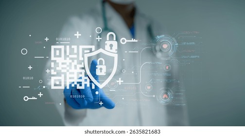 Doctor in medical attire using digital QR code interface with padlocks and shield icons, symbolizing healthcare cybersecurity, patient data protection and privacy compliance - Powered by Shutterstock - Get 15% off with code: PIKWIZARD15
