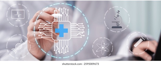 Doctor medical technology innovation artificial intelligence healthcare hospital science digital futuristic concept datum research patient care treatment virtual clinic modern analysis diagnosis
