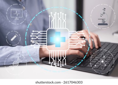 Doctor medical technology innovation artificial intelligence healthcare hospital science digital futuristic concept datum research patient care treatment virtual clinic modern analysis diagnosis