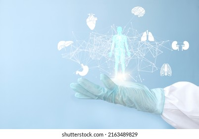 Doctor of medicine holds a hologram virtual interface electronic medical record. DNA. Digital healthcare network connection medical technology analysis, innovative and futuristic - Powered by Shutterstock