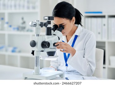 Doctor, microscope and pharmaceutical for medical or research, experiment and virus analysis in laboratory for health. Woman, DNA and investigation for bacteria test with biotechnology equipment