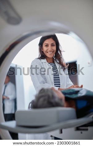 Doctor, mri and portrait of woman with patient to comfort in hospital for machine scanning. Ct scan, holding hands or smile of medical professional with senior person in radiology test for healthcare