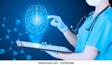 Doctor Neurologist in a medical uniform points his finger at the hologram of the brain in neon color. brain defects. dark blue background with DNA molecule. Medical poster. High quality photo
