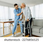 Doctor or nurse caregiver with senior man using walker assistanece  at home or nursing home