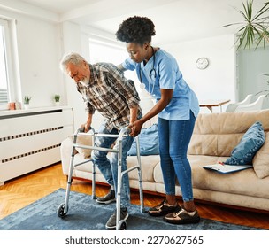 Doctor or nurse caregiver with senior man using walker assistanece  at home or nursing home - Powered by Shutterstock