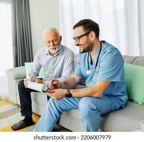 Doctor or nurse caregiver showing a prescrption or documents and holding drug bottle to senior man at home or nursing home - Powered by Shutterstock