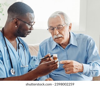 Doctor or nurse caregiver showing a prescrption or documents and holding drug bottle to senior man at home or nursing home - Powered by Shutterstock