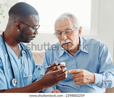 Doctor or nurse caregiver showing a prescrption or documents and holding drug bottle to senior man at home or nursing home