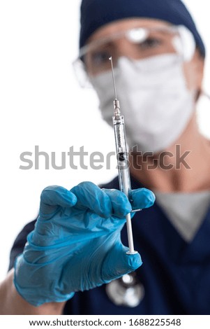 Doctor or Nurse Holding Medical Syringe with Needle on White Background.
