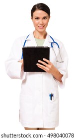 Doctor Nurse Holding Tablet Computer Isolated On White Background