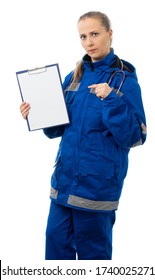 The Doctor, Nurse, Holds A White Sheet Of Paper In His Hands. The Woman Frowns, Not Satisfied, Points A Finger At The Banner, Looks At The Camera. Place For An Inscription. Isolated, White Background.