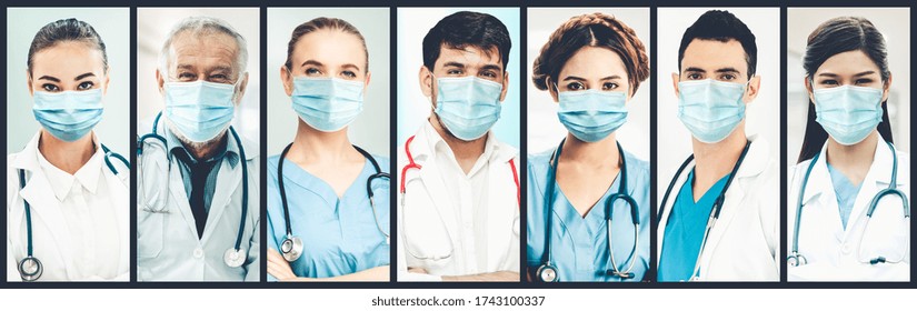 Doctor, Nurse And Medical Staff Portrait Face Photo Banner Set In Concept Of Hospital People Fighting 2019 Coronavirus Disease Or COVID-19 Pandemic Outbreak.