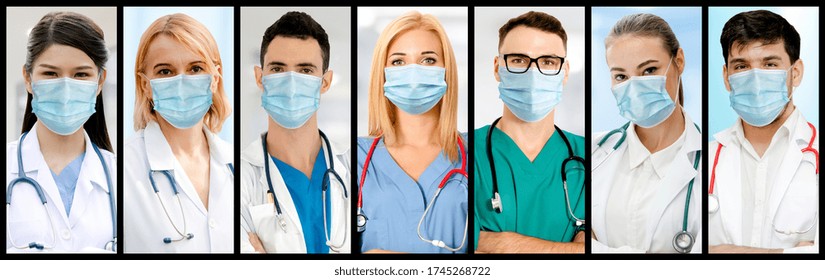 Doctor, Nurse And Medical Staff Portrait Face Photo Banner Set In Concept Of Hospital People Fighting 2019 Coronavirus Disease Or COVID-19 Pandemic Outbreak.