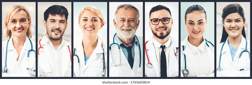 Doctor, Nurse And Medical Staff Portrait Face Photo Banner Set In Concept Of Hospital People Fighting 2019 Coronavirus Disease Or COVID-19 Pandemic Outbreak.