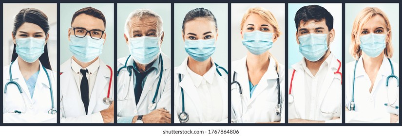 Doctor, Nurse And Medical Staff Portrait Face Photo Banner Set In Concept Of Hospital People Fighting 2019 Coronavirus Disease Or COVID-19 Pandemic Outbreak.